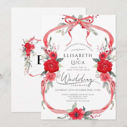 Rode Coquette Kerstmis Winter Bow Monogram Huwelij Kaart (Voorkant / Achterkant)