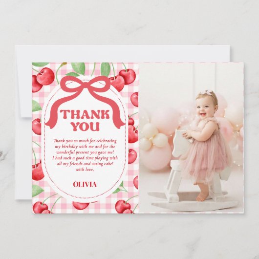Rode Coquette Strik Kers Verjaardagsfoto Bedankkaart (Voorkant)