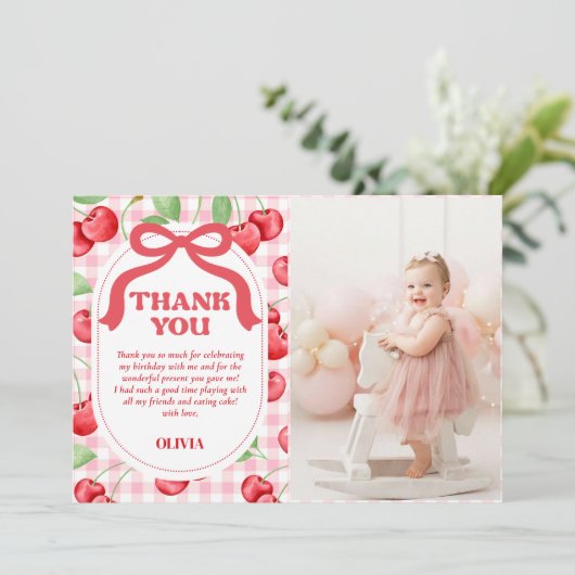 Rode Coquette Strik Kers Verjaardagsfoto Bedankkaart (Staand voorkant)