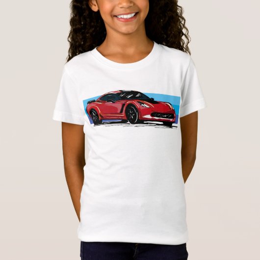 Rode Corvette C7 met blauwe strepen T-shirt (Voorkant)