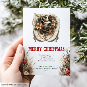 Rode cowboy Kerstkaart ontwerp in rood en groen