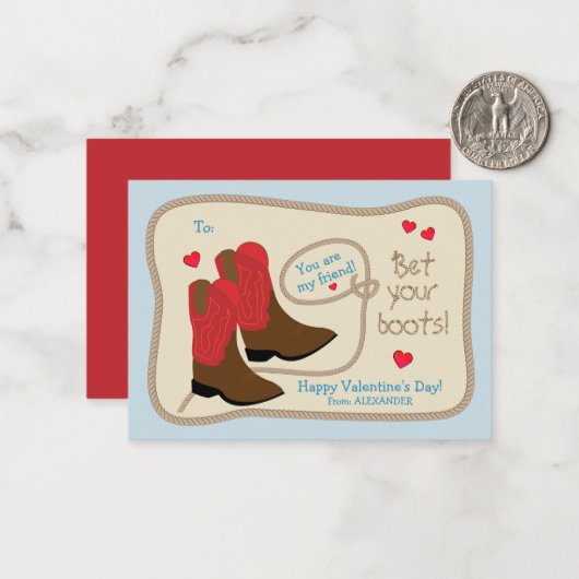 Rode Cowboy laarzen Western Classroom Valentijnsda Notitiekaartje (Voorkant / Achterkant in situ)