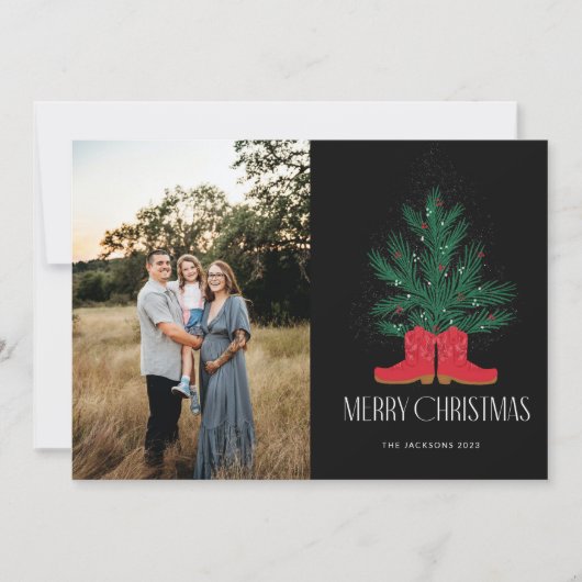 Rode cowboylaarzen en sparren vrolijke kerst feestdagenkaart (Voorkant)