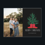 Rode cowboylaarzen en sparren vrolijke kerst feestdagenkaart<br><div class="desc">Rode cowboylaarzen en sparren vrolijke kerst</div>