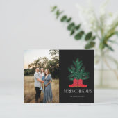 Rode cowboylaarzen en sparren vrolijke kerst feestdagenkaart (Staand voorkant)