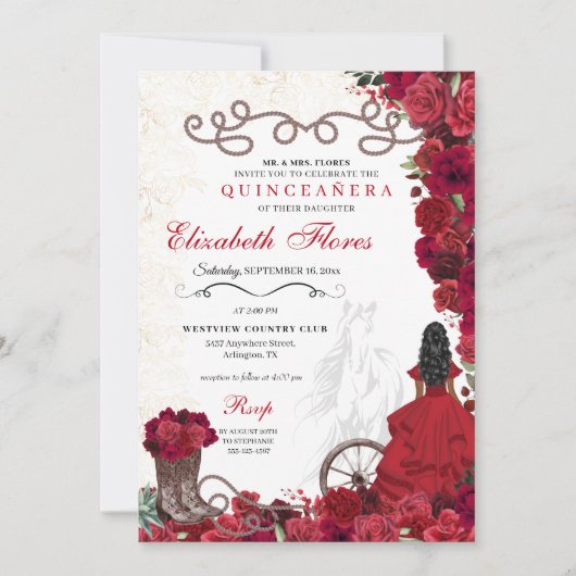 Rode Cowgirl Ranchero Western Quinceanera Kaart (Voorkant)