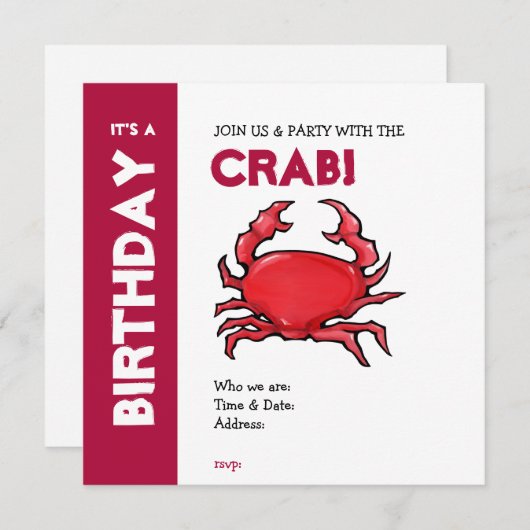 Rode Crab Birthday-uitnodiging Kaart (Voorkant / Achterkant)