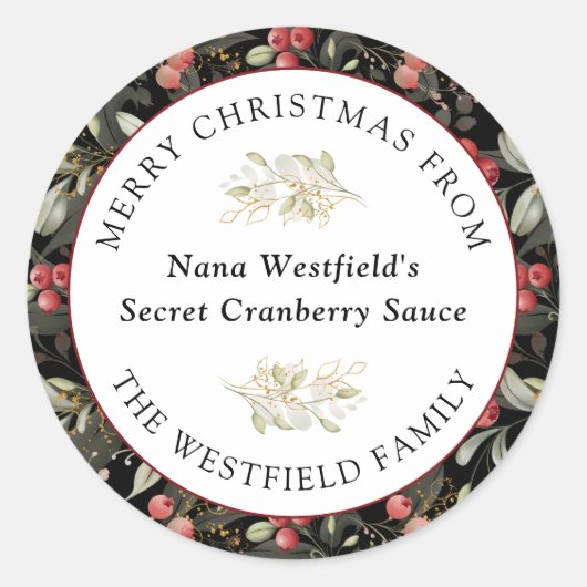 Rode Cranberries Kerstmis Groen Voedsel Gift Ronde Sticker (Voorkant)