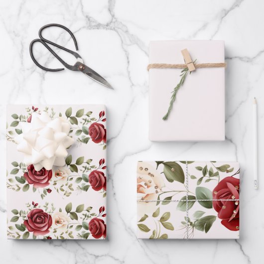 Rode Cream Rozen Gouden Bruiloft Inpakpapier Vel (Voorkant)