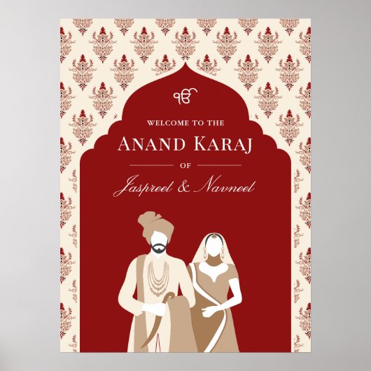 Rode Crème Anand Karaj Sikh Bruiloft Welkomstbord Poster (Voorkant)
