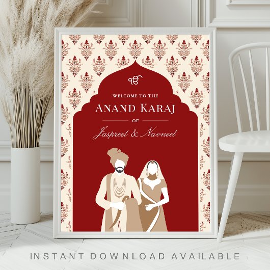 Rode Crème Anand Karaj Sikh Bruiloft Welkomstbord Poster
