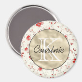 Rode Crème Bloem Gouden Monogram Magneet (Voorkant / Achterkant)