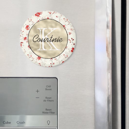 Rode Crème Bloem Gouden Monogram Magneet (Insitu (Koelkast))
