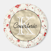 Rode Crème Bloem Gouden Monogram Magneet (Voorkant)
