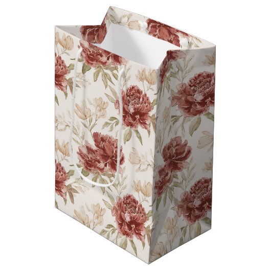 Rode Crème Bloemen Bruidsfeest Medium Cadeauzakje (Voorkant Gekanteld)