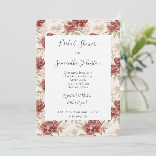 Rode Crème Bloemen Bruiloftsborrel Kaart (Staand voorkant)