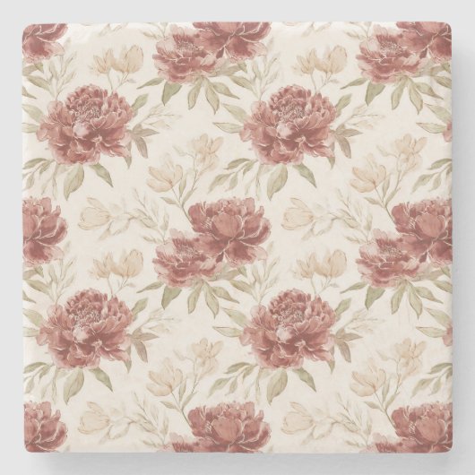 Rode Crème Bloemen Stenen Onderzetter (Voorkant)