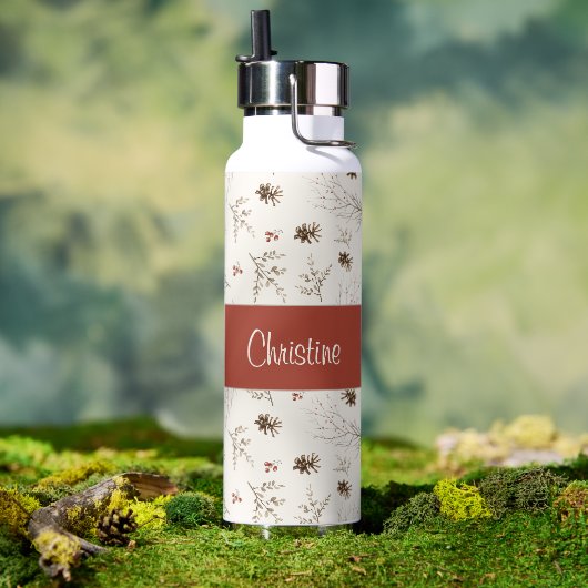 Rode Crème Boho Aquarel Woodland Aangepaste Naam Waterfles (Buiten (Gedraaid) )