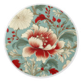 Rode, Crème en Groene Bloemen Chinoiserie Keramische Knop (Voorkant)