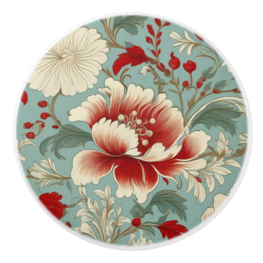 Rode, Crème en Groene Bloemen Chinoiserie Keramische Knop (Voorkant)