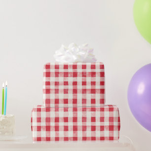 Rode Crème Geruite Strepen Verjaardag Cadeaupapier