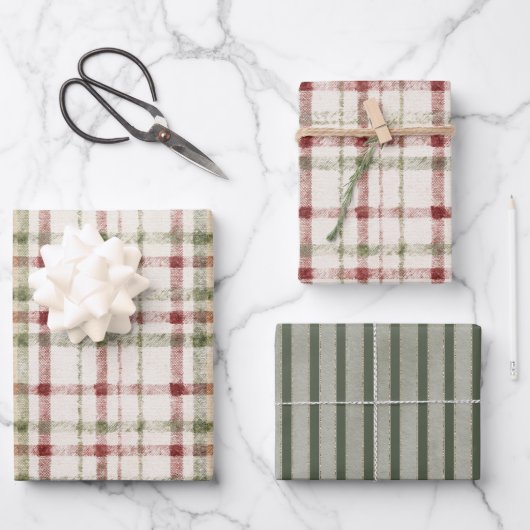 Rode Crème Groene Strepen Kerst Inpakpapier Vel (Voorkant)
