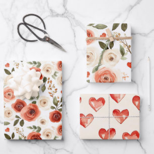 Rode Crème Harten en Bloemen Bruidsdouche Inpakpapier Vel