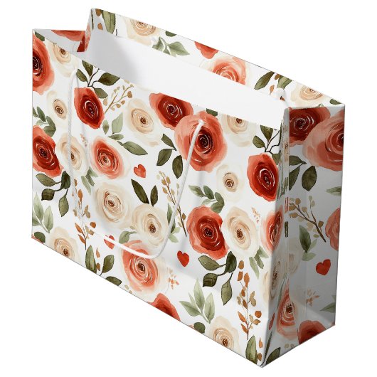 Rode Crème Harten en Bloemen Bruiloftsontvangst Groot Cadeauzakje (Voorkant Gekanteld)