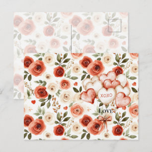 Rode Crème Harten en Bloemen Harten Ballonnen Briefkaart