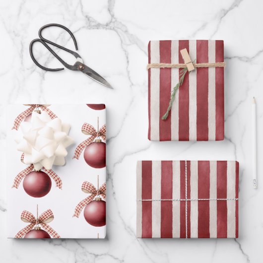 Rode Crème Lint Kerst Ronde Ornament Inpakpapier Vel (Voorkant)
