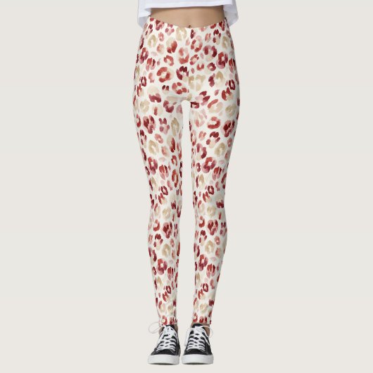 Rode Crème Luipaard Dierenprint Leggings (Voorkant)