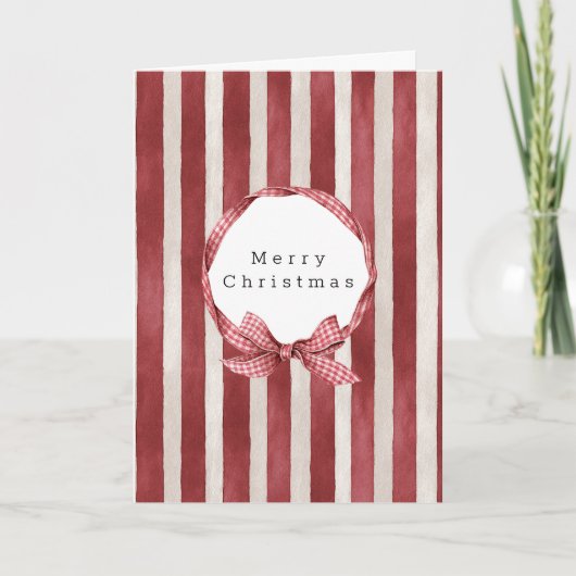 Rode Crème Strepen Boog Kerstmis Kaart (Voorkant)