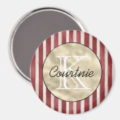 Rode Crème Strepen Gouden Monogram Magneet (Voorkant / Achterkant)