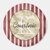Rode Crème Strepen Gouden Monogram Magneet (Voorkant)