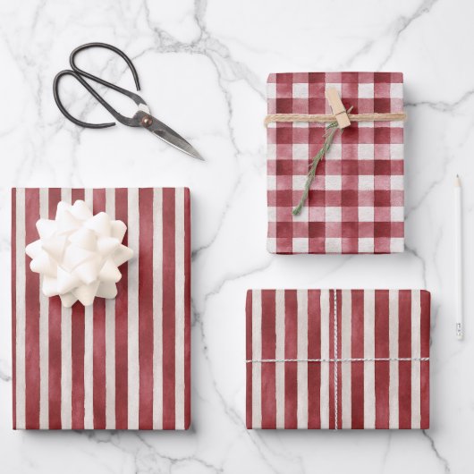 Rode Crème Strepen Kerst Inpakpapier Vel (Voorkant)