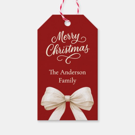 Rode crème strik Kerstmis Cadeaulabel (Voorkant)