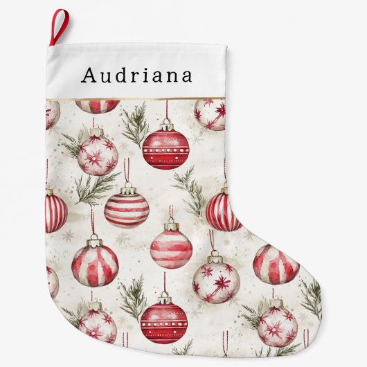 Rode Crème Witte Kerstballen Grote Kerstsok (Voorkant)