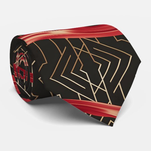 Rode Curven op Zwart & Goud Stropdas (Opgerold)