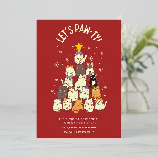 Rode Cute Kat Kerstmis Folie Uitnodiging (Staand Voorkant)