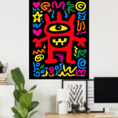 Rode Cyclops Alien – Funky Neon Pop Art Monster Poster (Thuiskantoor)