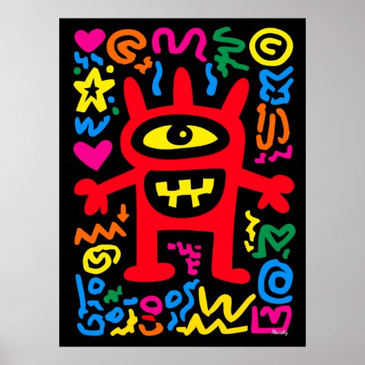 Rode Cyclops Alien – Funky Neon Pop Art Monster Poster (Voorkant)