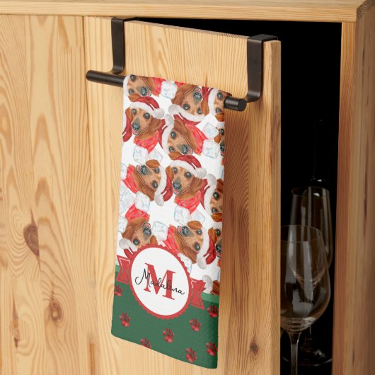 Rode Dachshund Patroon Monogram Kersthond Theedoek (Derde Gevouwen)