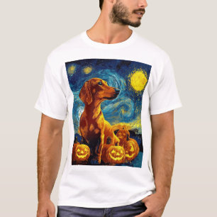 Rode Dachshund van gogh sterrenhemel halloween F T-shirt