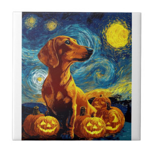 Rode Dachshund van gogh sterrenhemel halloween F Tegeltje