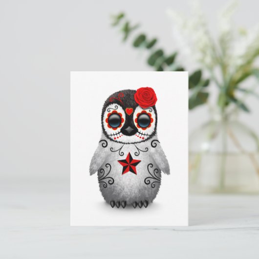 Rode dag van de dode suikerschedel Penguin White Briefkaart (Staand voorkant)