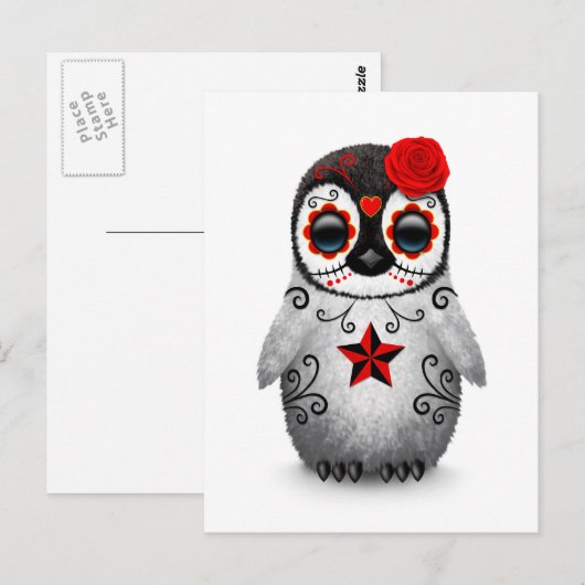 Rode dag van de dode suikerschedel Penguin White Briefkaart (Voorkant / Achterkant)