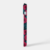 Rode Dahlia tuin/blauwe bladeren iPhone 15 Case (Linkerkant)