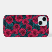 Rode Dahlia tuin/blauwe bladeren iPhone 15 Case (Achterkant horizontaal)