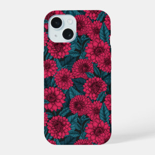 Rode Dahlia tuin/blauwe bladeren iPhone 15 Case
