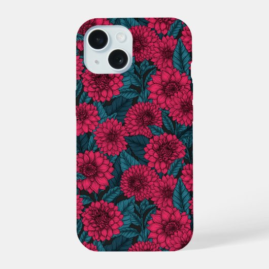 Rode Dahlia tuin/blauwe bladeren iPhone 15 Case (Achterkant)